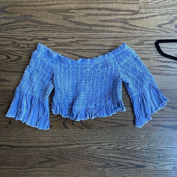 Free People Tops - Free People cropped smocked off shoulder blue ruffle top large